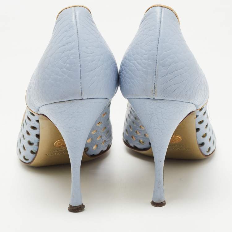 Pre Owned Dolce & Gabbana Blue/Gold Perforated Leather Bow Detail Peep Toe Pumps Size 41.5