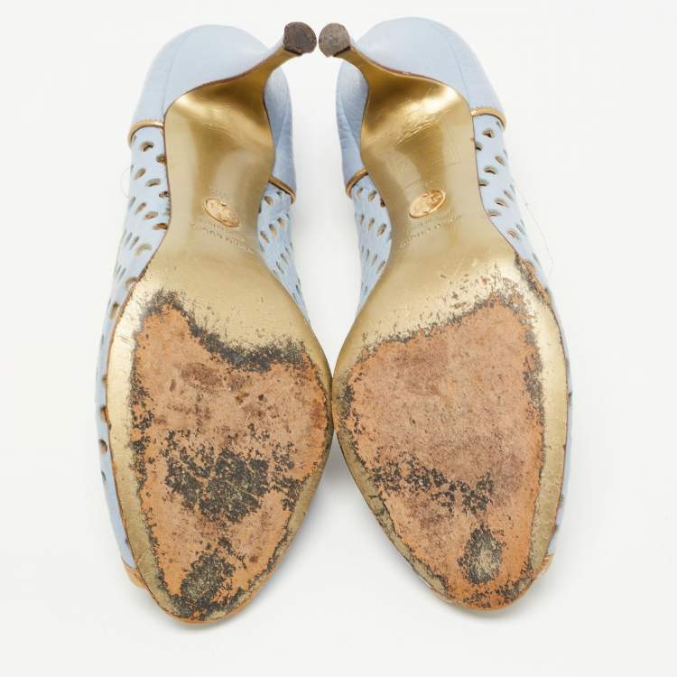 Pre Owned Dolce & Gabbana Blue/Gold Perforated Leather Bow Detail Peep Toe Pumps Size 41.5