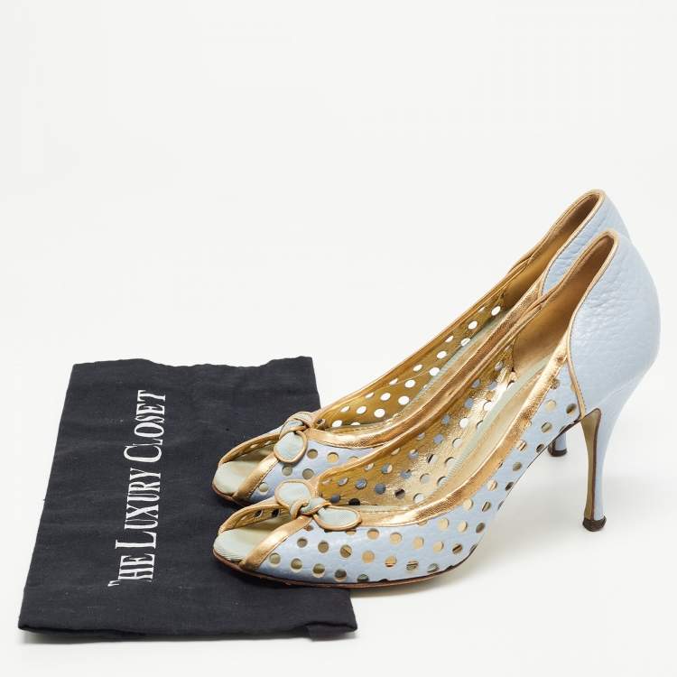 Pre Owned Dolce & Gabbana Blue/Gold Perforated Leather Bow Detail Peep Toe Pumps Size 41.5