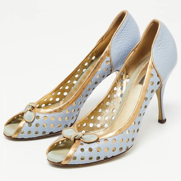 Pre Owned Dolce & Gabbana Blue/Gold Perforated Leather Bow Detail Peep Toe Pumps Size 41.5