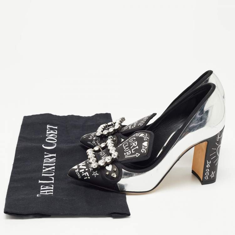 مملوكة مسبقًا Dolce & Gabbana Silver/Black Leather Printed Crystal Embellished Pumps Size 36