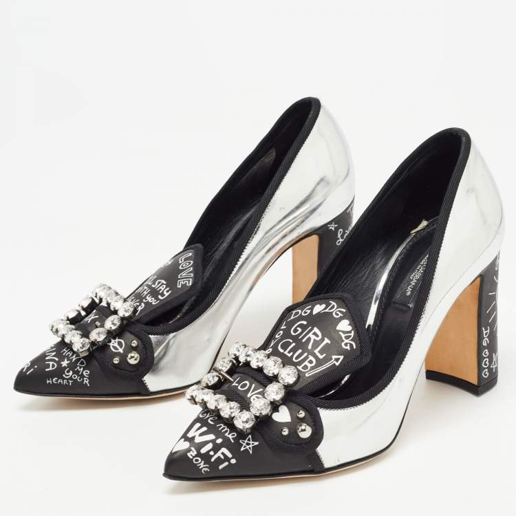 مملوكة مسبقًا Dolce & Gabbana Silver/Black Leather Printed Crystal Embellished Pumps Size 36