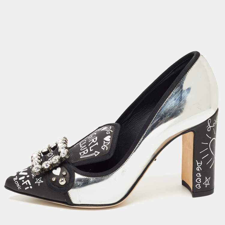 مملوكة مسبقًا Dolce & Gabbana Silver/Black Leather Printed Crystal Embellished Pumps Size 36