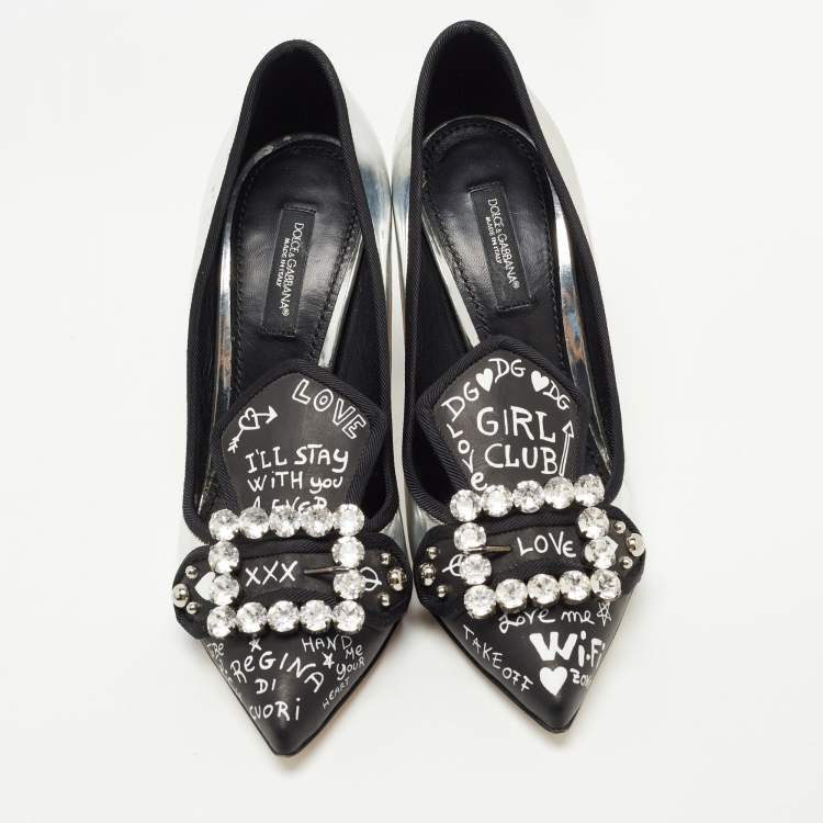 مملوكة مسبقًا Dolce & Gabbana Silver/Black Leather Printed Crystal Embellished Pumps Size 36