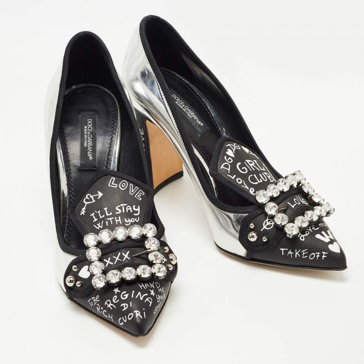 مملوكة مسبقًا Dolce & Gabbana Silver/Black Leather Printed Crystal Embellished Pumps Size 36