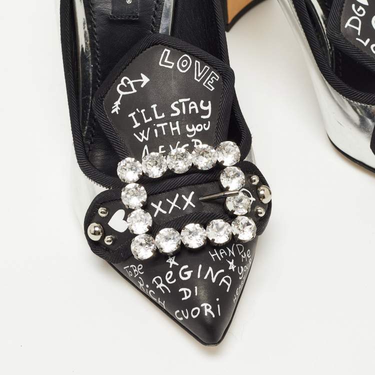 مملوكة مسبقًا Dolce & Gabbana Silver/Black Leather Printed Crystal Embellished Pumps Size 36
