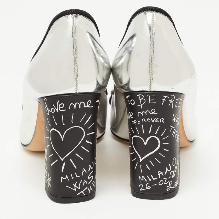 مملوكة مسبقًا Dolce & Gabbana Silver/Black Leather Printed Crystal Embellished Pumps Size 36