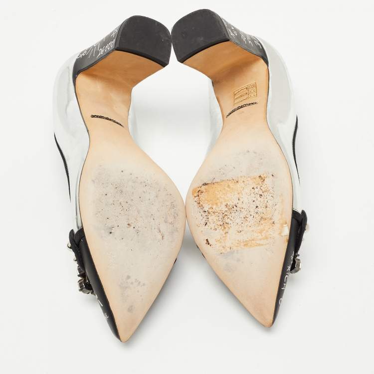 مملوكة مسبقًا Dolce & Gabbana Silver/Black Leather Printed Crystal Embellished Pumps Size 36