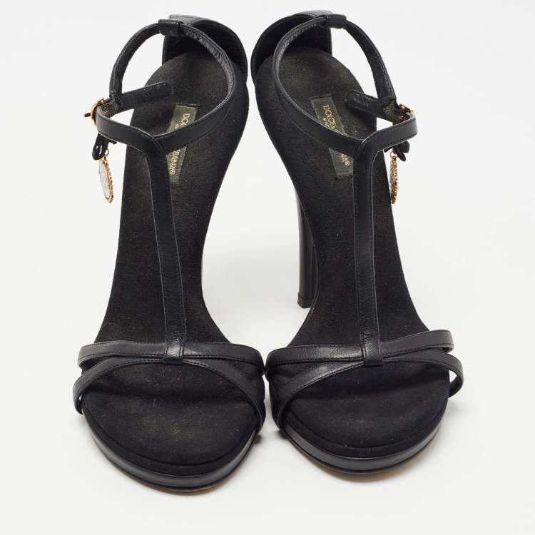 Pre Owned Dolce & Gabbana Black Leather Heritage Coin Detail Ankle Strap Sandals  Size 39