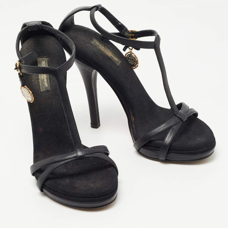 Pre Owned Dolce & Gabbana Black Leather Heritage Coin Detail Ankle Strap Sandals  Size 39