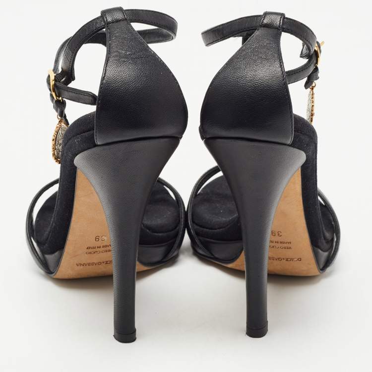 Pre Owned Dolce & Gabbana Black Leather Heritage Coin Detail Ankle Strap Sandals  Size 39