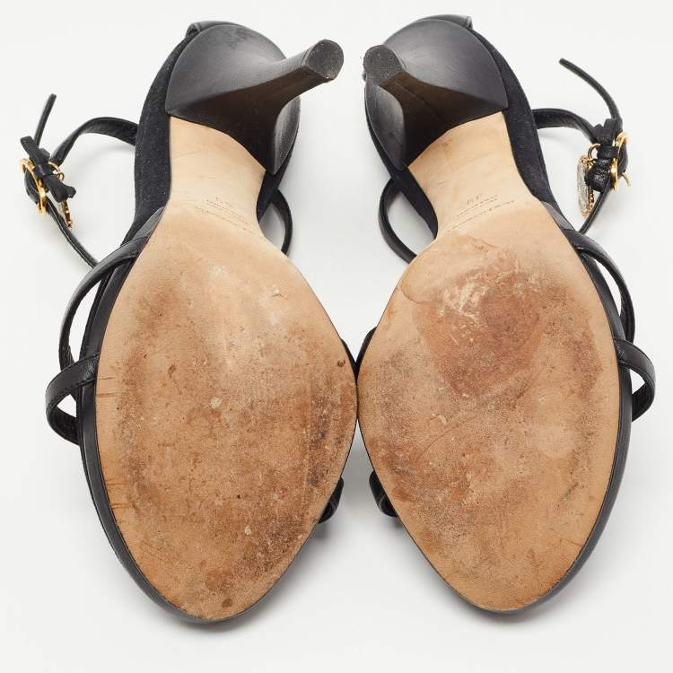 Pre Owned Dolce & Gabbana Black Leather Heritage Coin Detail Ankle Strap Sandals  Size 39