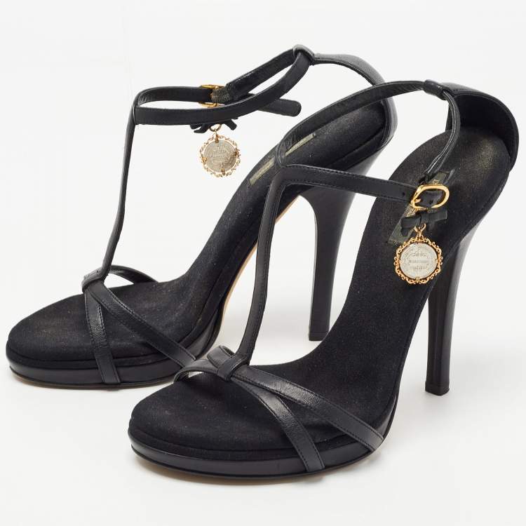Pre Owned Dolce & Gabbana Black Leather Heritage Coin Detail Ankle Strap Sandals  Size 39