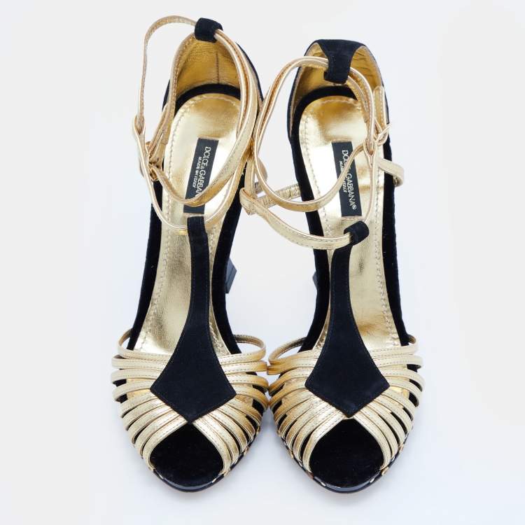Pre Owned Dolce & Gabbana Black/Gold Leather, Velvet and Suede Heart Sculptured Heel Sandals Size 39