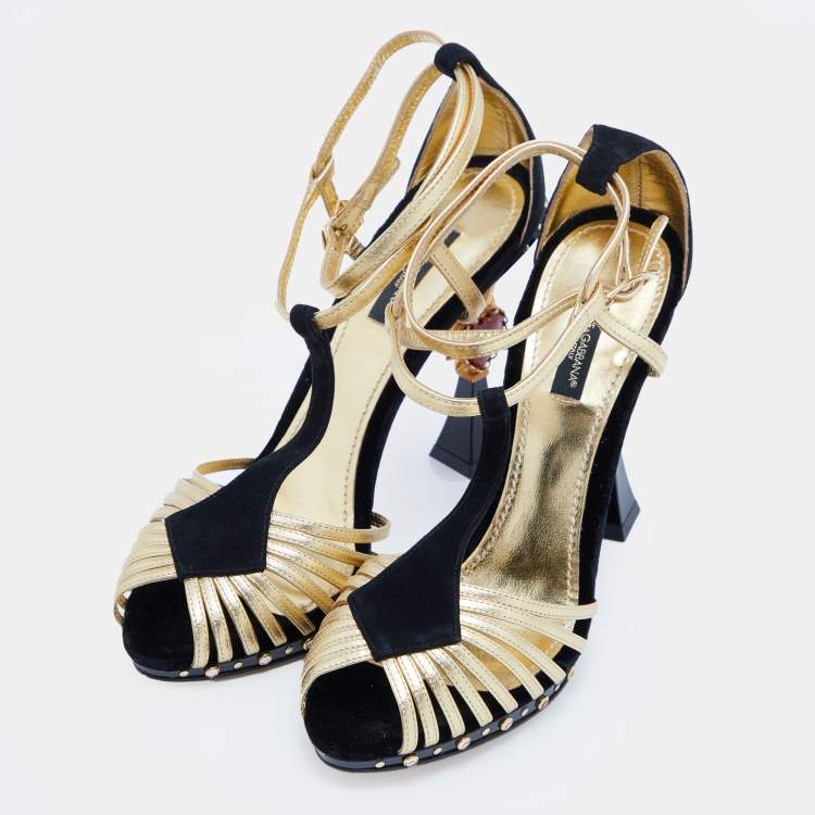 Pre Owned Dolce & Gabbana Black/Gold Leather, Velvet and Suede Heart Sculptured Heel Sandals Size 39