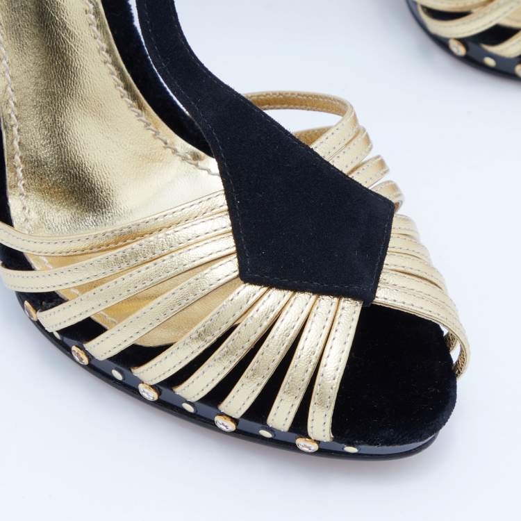 Pre Owned Dolce & Gabbana Black/Gold Leather, Velvet and Suede Heart Sculptured Heel Sandals Size 39
