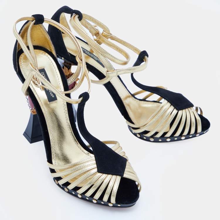 Pre Owned Dolce & Gabbana Black/Gold Leather, Velvet and Suede Heart Sculptured Heel Sandals Size 39