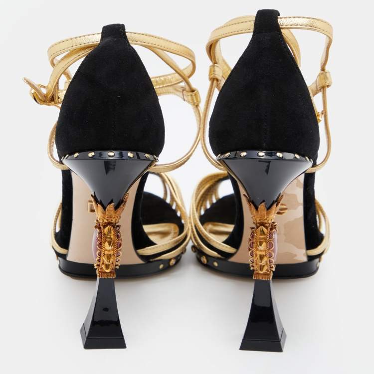 Pre Owned Dolce & Gabbana Black/Gold Leather, Velvet and Suede Heart Sculptured Heel Sandals Size 39