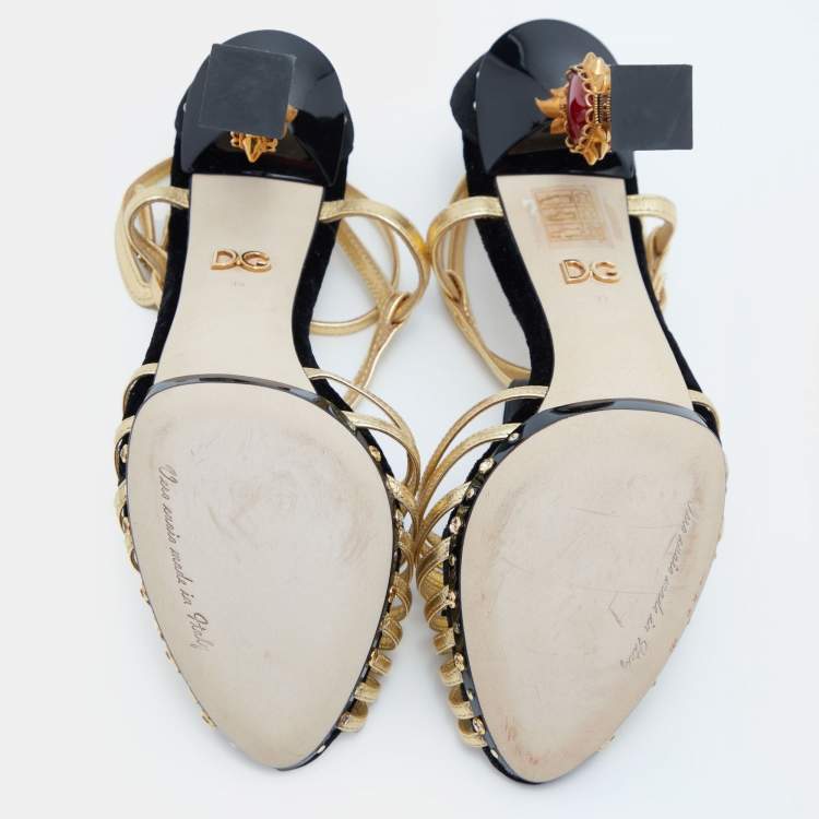 Pre Owned Dolce & Gabbana Black/Gold Leather, Velvet and Suede Heart Sculptured Heel Sandals Size 39