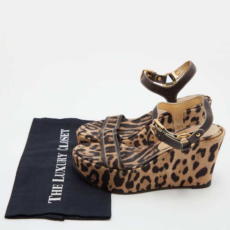 Pre Owned Dolce & Gabbana Brown/Beige Leopard Print Canvas and Leather Ankle Strap Wedge Sandals Size 37
