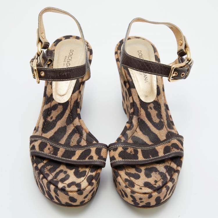 Pre Owned Dolce & Gabbana Brown/Beige Leopard Print Canvas and Leather Ankle Strap Wedge Sandals Size 37