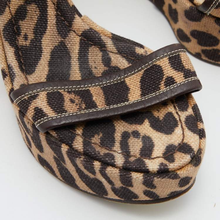 Pre Owned Dolce & Gabbana Brown/Beige Leopard Print Canvas and Leather Ankle Strap Wedge Sandals Size 37
