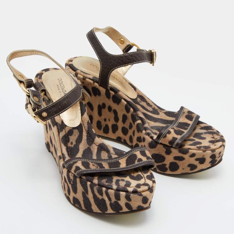 Pre Owned Dolce & Gabbana Brown/Beige Leopard Print Canvas and Leather Ankle Strap Wedge Sandals Size 37