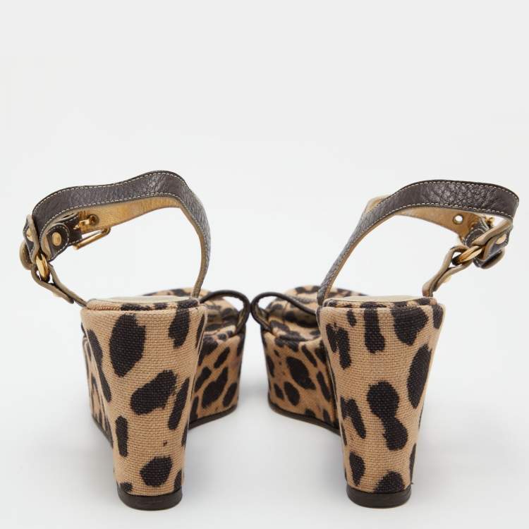 Pre Owned Dolce & Gabbana Brown/Beige Leopard Print Canvas and Leather Ankle Strap Wedge Sandals Size 37