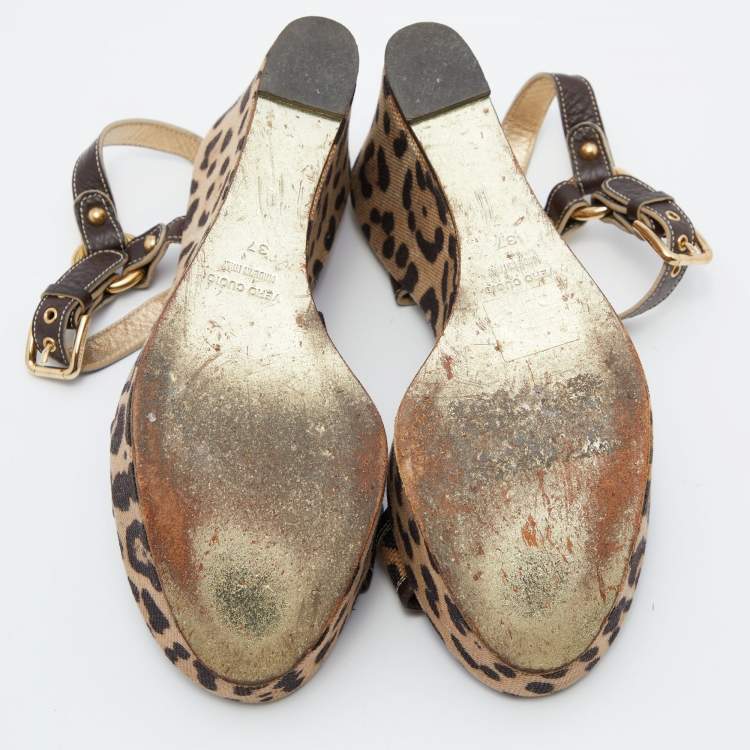 Pre Owned Dolce & Gabbana Brown/Beige Leopard Print Canvas and Leather Ankle Strap Wedge Sandals Size 37