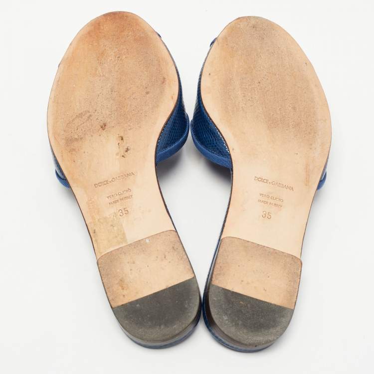 Pre Owned Dolce & Gabbana Navy Blue Lizard Embossed Leather Flat Slides Size 35