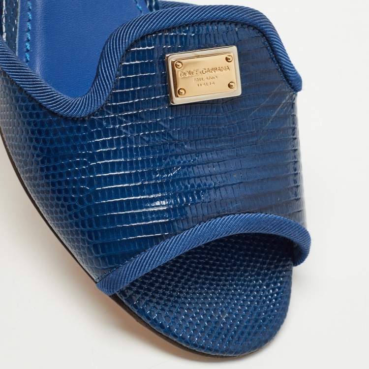 Pre Owned Dolce & Gabbana Navy Blue Lizard Embossed Leather Flat Slides Size 35