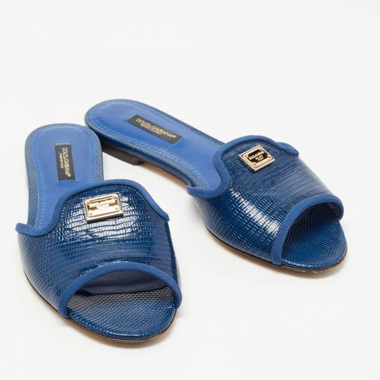 Pre Owned Dolce & Gabbana Navy Blue Lizard Embossed Leather Flat Slides Size 35