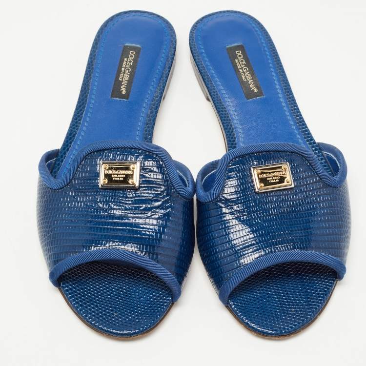 Pre Owned Dolce & Gabbana Navy Blue Lizard Embossed Leather Flat Slides Size 35
