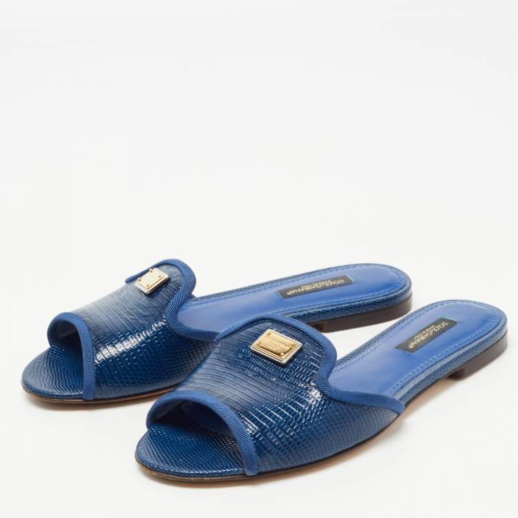 Pre Owned Dolce & Gabbana Navy Blue Lizard Embossed Leather Flat Slides Size 35