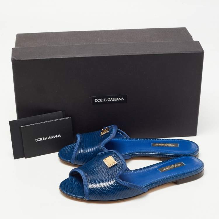 Pre Owned Dolce & Gabbana Navy Blue Lizard Embossed Leather Flat Slides Size 35