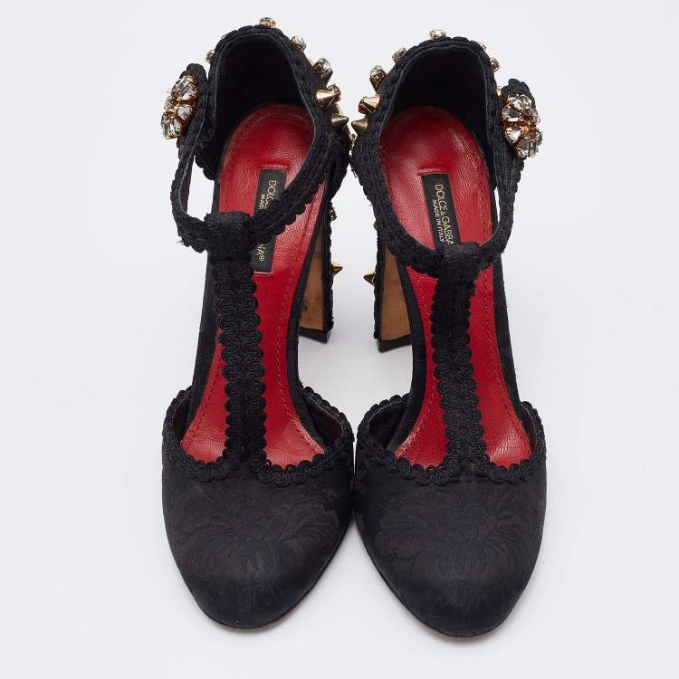 Pre Owned  Dolce & Gabbana Black Fabric Crystal Embellished Block Heel Sandals Size 36