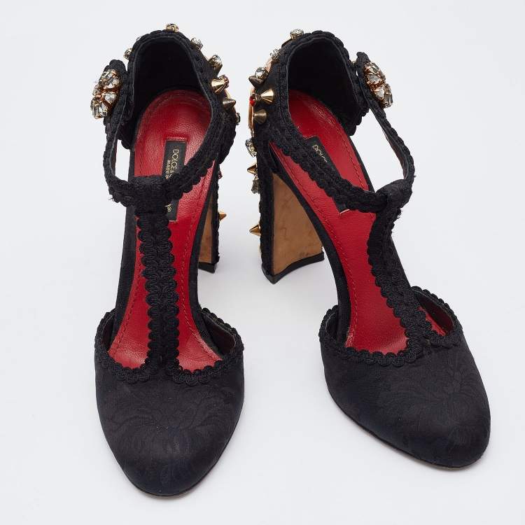 Pre Owned  Dolce & Gabbana Black Fabric Crystal Embellished Block Heel Sandals Size 36