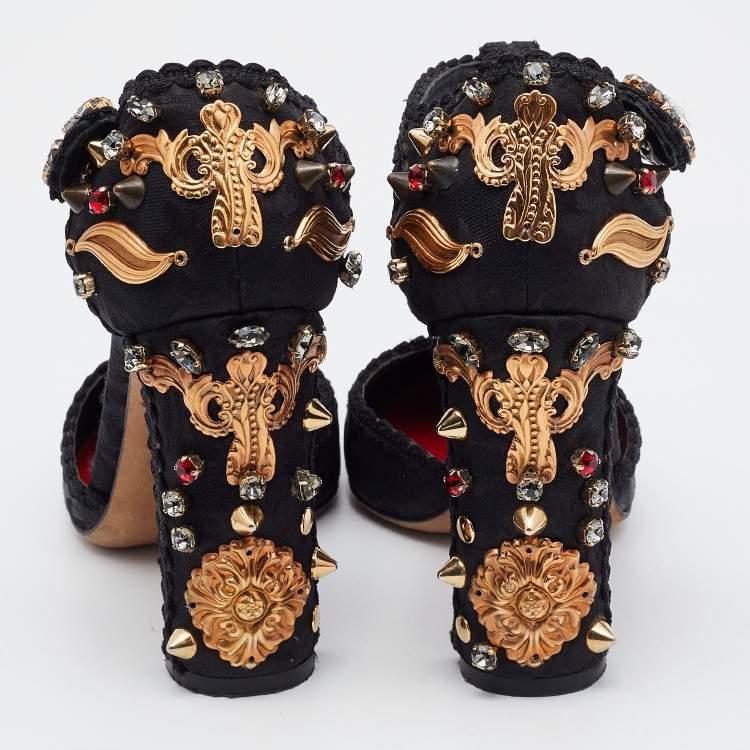 Pre Owned  Dolce & Gabbana Black Fabric Crystal Embellished Block Heel Sandals Size 36