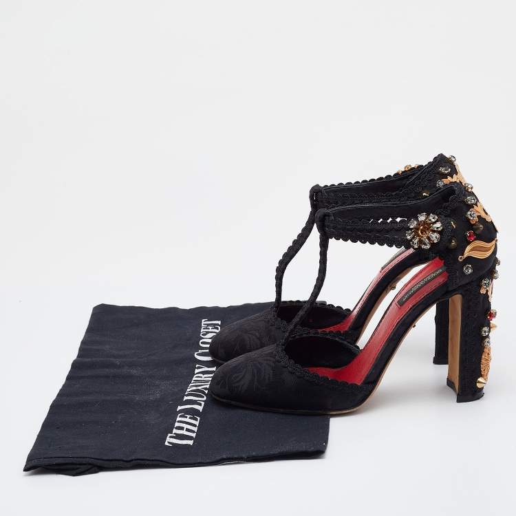 Pre Owned  Dolce & Gabbana Black Fabric Crystal Embellished Block Heel Sandals Size 36