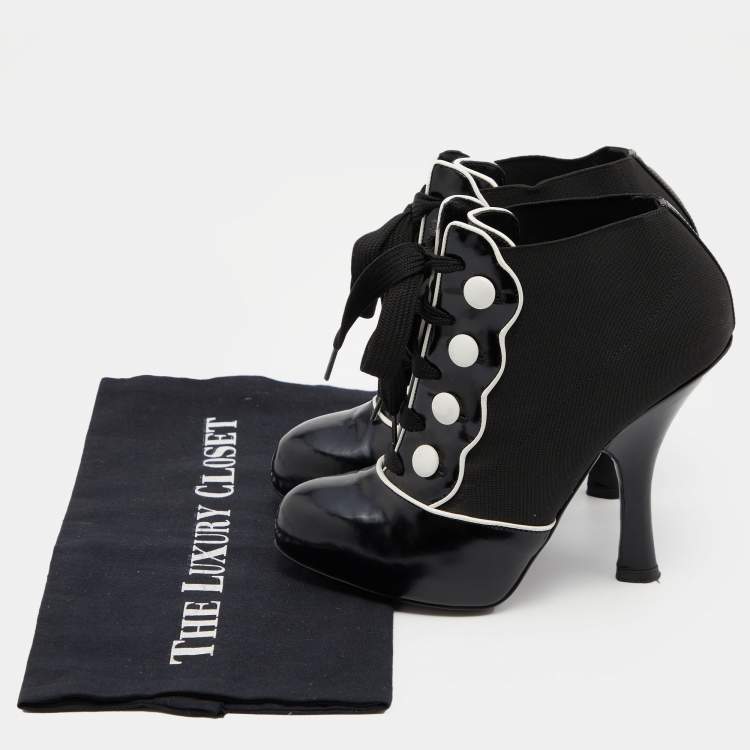 Pre Owned Dolce & Gabbana Black/White Stretch Band and Patent Leather Lace Up Ankle Booties Size 36