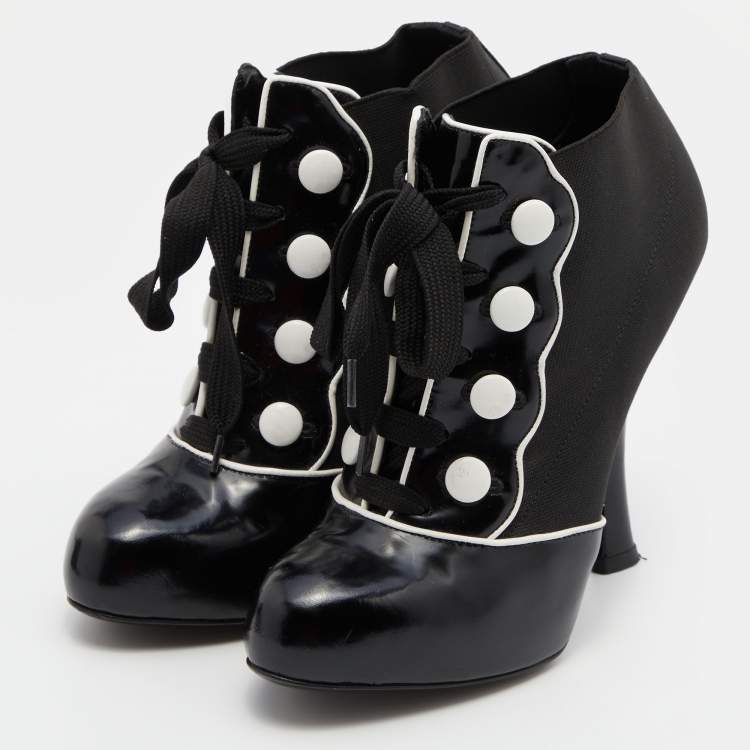 Pre Owned Dolce & Gabbana Black/White Stretch Band and Patent Leather Lace Up Ankle Booties Size 36