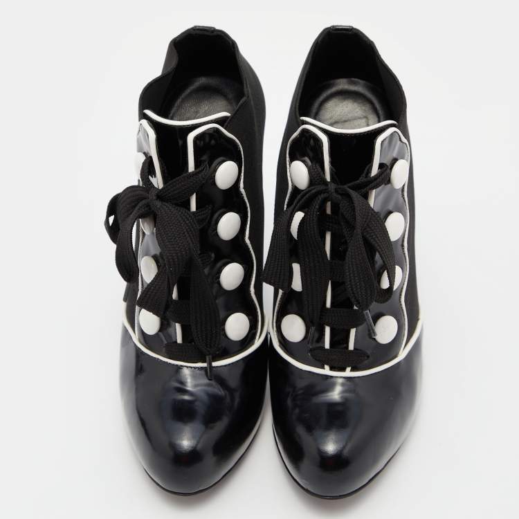 Pre Owned Dolce & Gabbana Black/White Stretch Band and Patent Leather Lace Up Ankle Booties Size 36