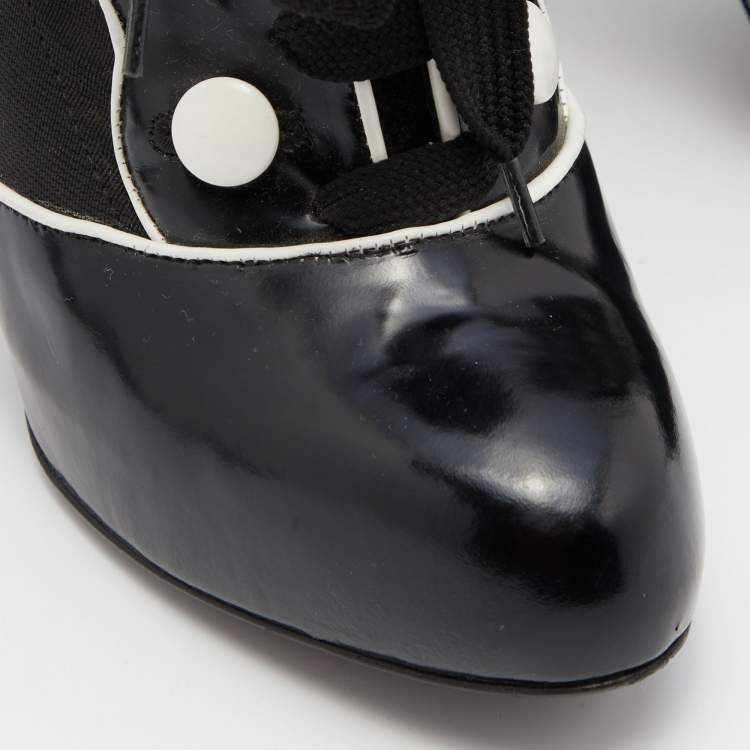 Pre Owned Dolce & Gabbana Black/White Stretch Band and Patent Leather Lace Up Ankle Booties Size 36