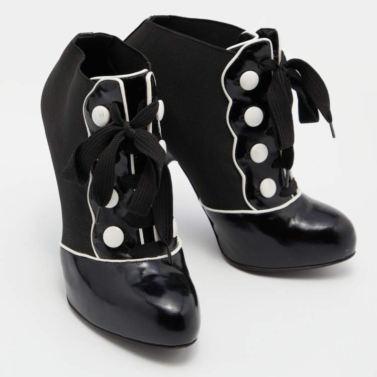 Pre Owned Dolce & Gabbana Black/White Stretch Band and Patent Leather Lace Up Ankle Booties Size 36
