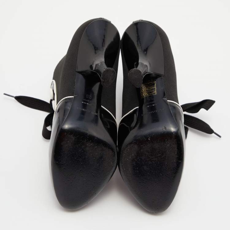 Pre Owned Dolce & Gabbana Black/White Stretch Band and Patent Leather Lace Up Ankle Booties Size 36