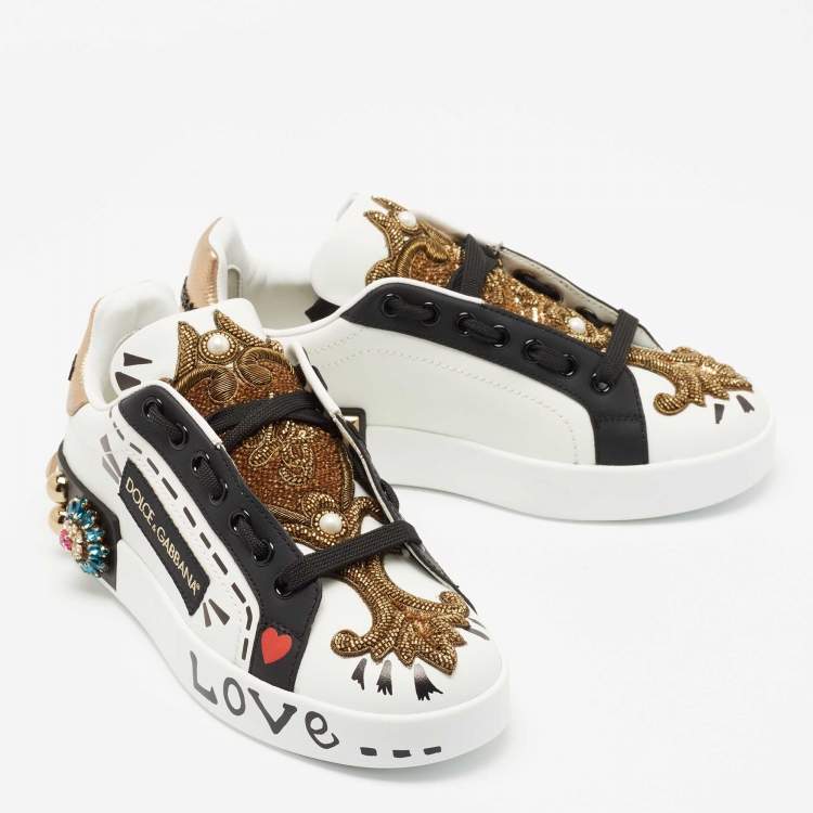 Pre Owned Dolce and Gabbana White/Black Leather Portofin Embellished Low Top Sneakers Size 35.5