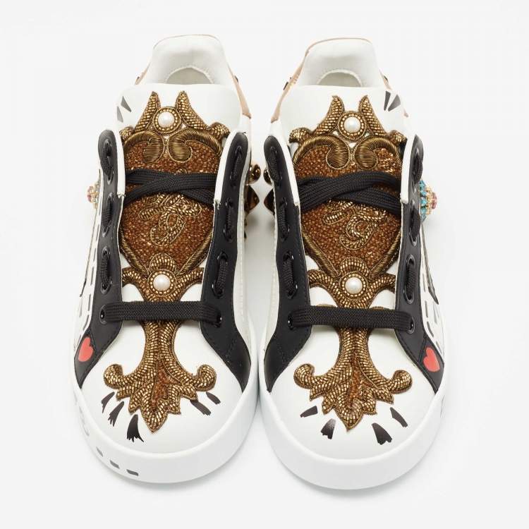 Pre Owned Dolce and Gabbana White/Black Leather Portofin Embellished Low Top Sneakers Size 35.5