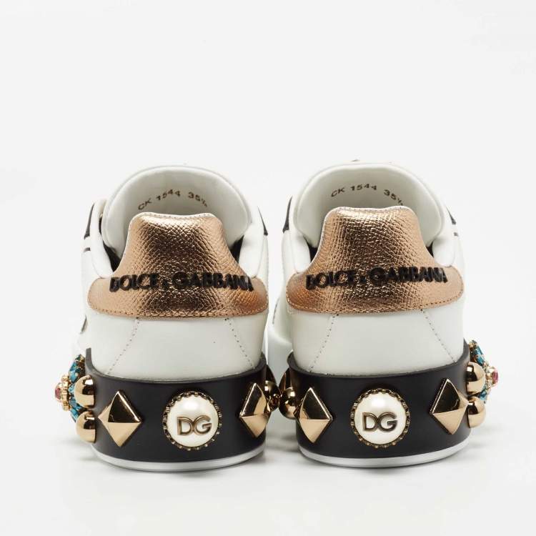 Pre Owned Dolce and Gabbana White/Black Leather Portofin Embellished Low Top Sneakers Size 35.5