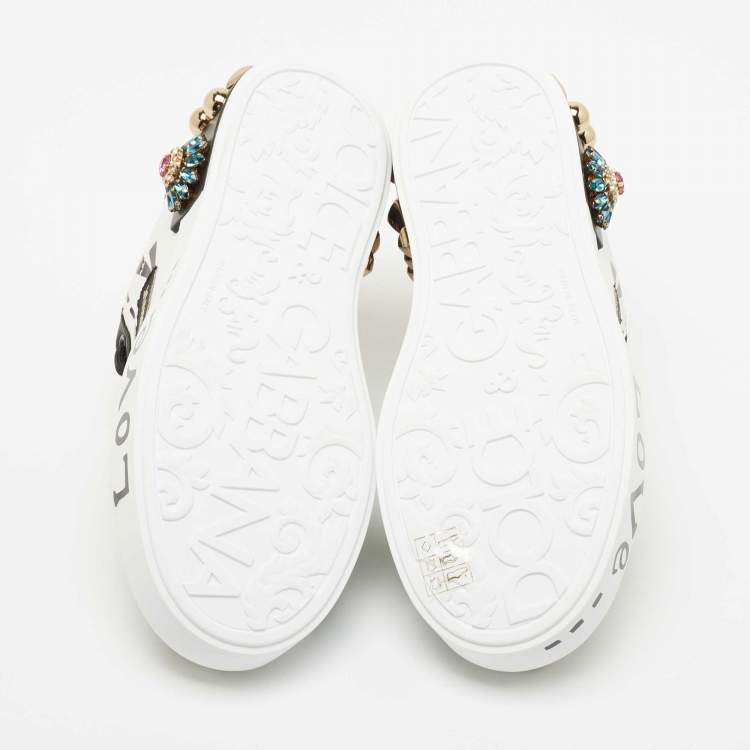 Pre Owned Dolce and Gabbana White/Black Leather Portofin Embellished Low Top Sneakers Size 35.5