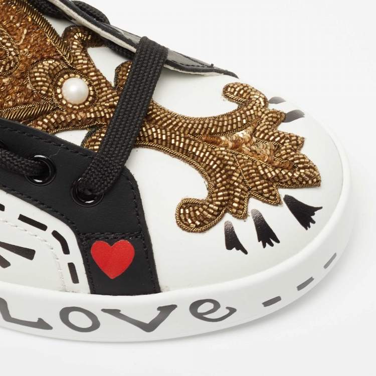 Pre Owned Dolce and Gabbana White/Black Leather Portofin Embellished Low Top Sneakers Size 35.5